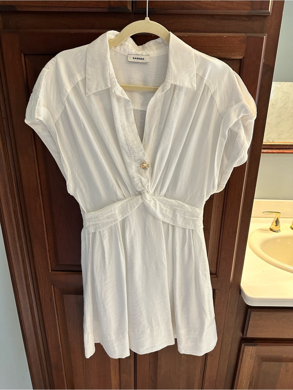 Sandro White Short Sleeve Knot-Front Dress Size 38